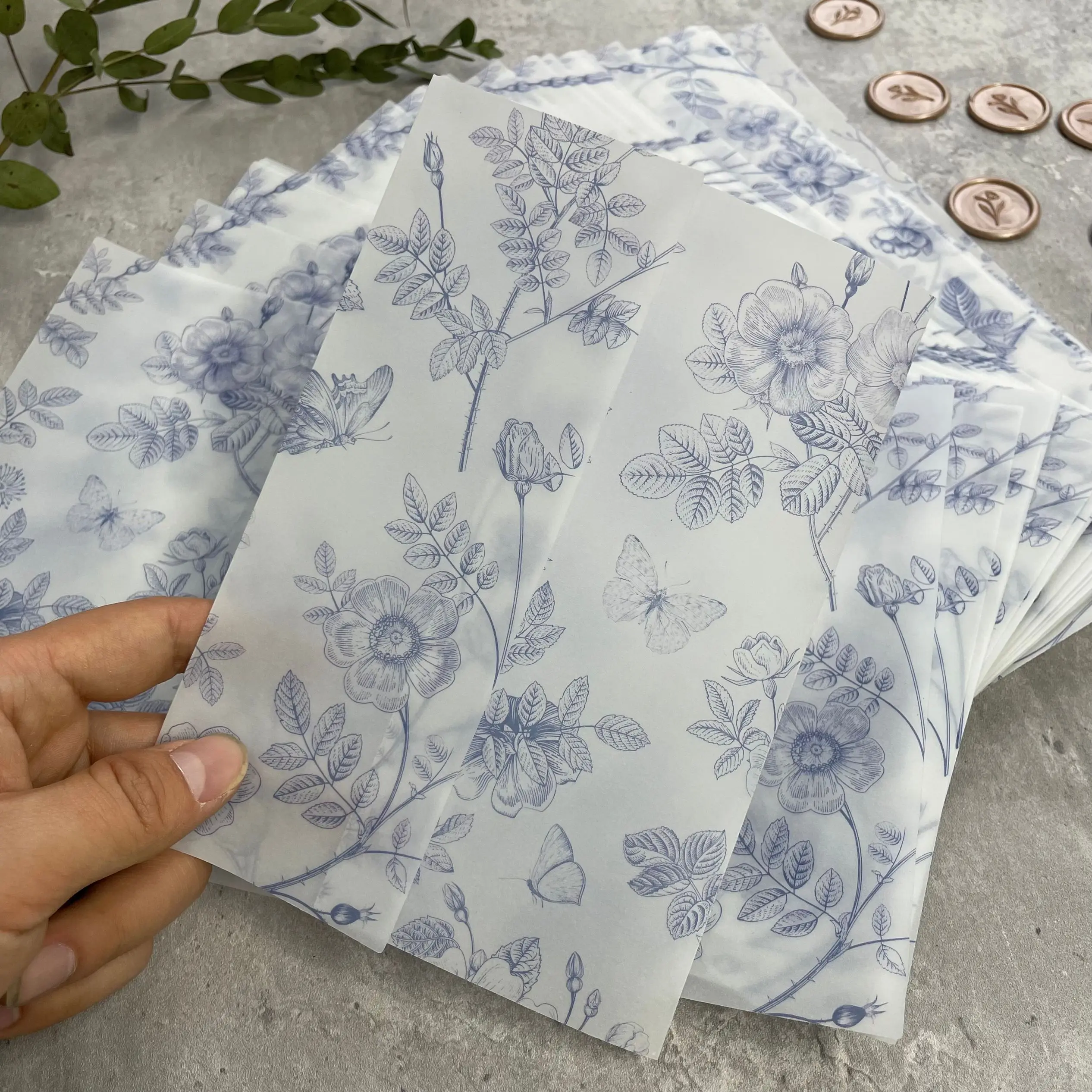 5*7in Blue Floral Vellum Wrap for Wedding invitations.50/100pcs