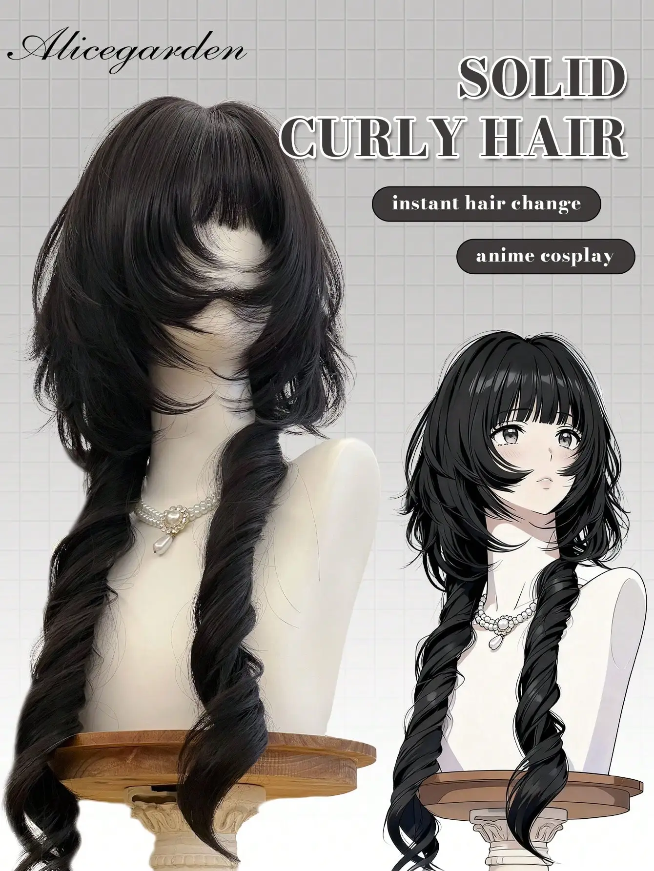 

alicegarden 28-Inch Long Synthetic Wig Featuring A Natural Curly Hair Look A A Stunning Black. Designed With Bangs , This False Hairpiece Is Perfect For Ms Daily Use, Offering A Natural And Realistic Appearance That Mimics Gift For Ladies. (No Accessories