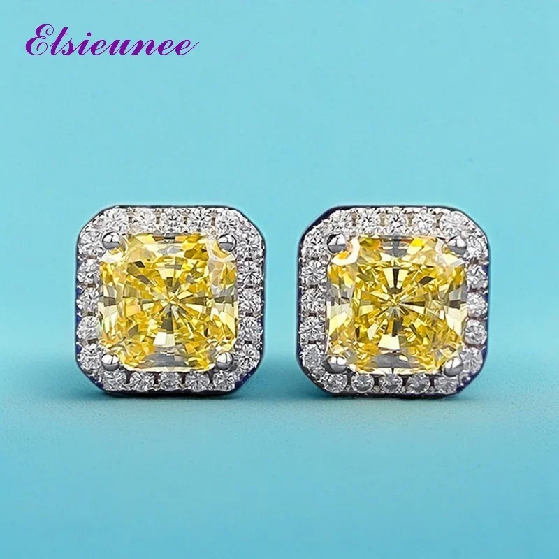 

ELSIEUNEE Luxury 925 Sterlling Silver 7*7MM Crushed Ice Cut Lab Citrine Sapphire Stud Earrings for Women Wedding Party Jewelry