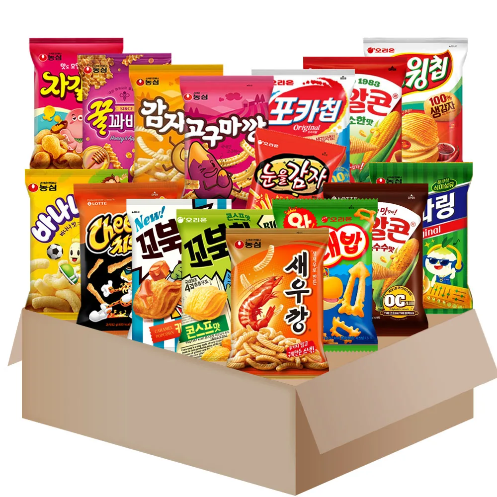 [AL394] مجموعة الوجبات الخفيفة {مفرقعات الروبيان نونجشيم + حلقة البصل + الموز + رقاقة فوشا + شيتوس } إلخ