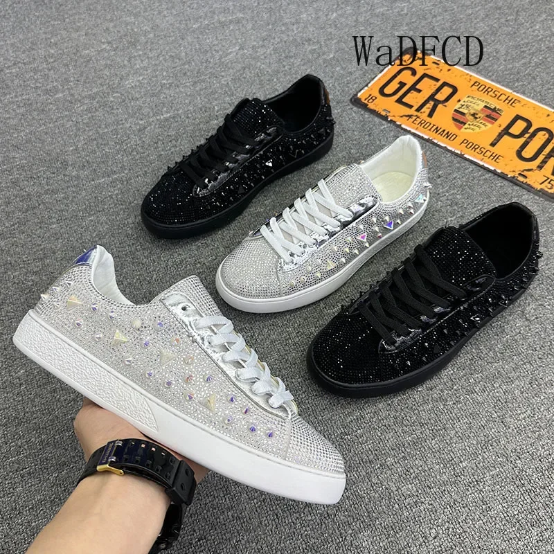 Sneaker Casual Men Designer Bling Rivet Punk Board Shoes Fashion Microfiber Leather Upper Increased Internal Flat Platform Shoes