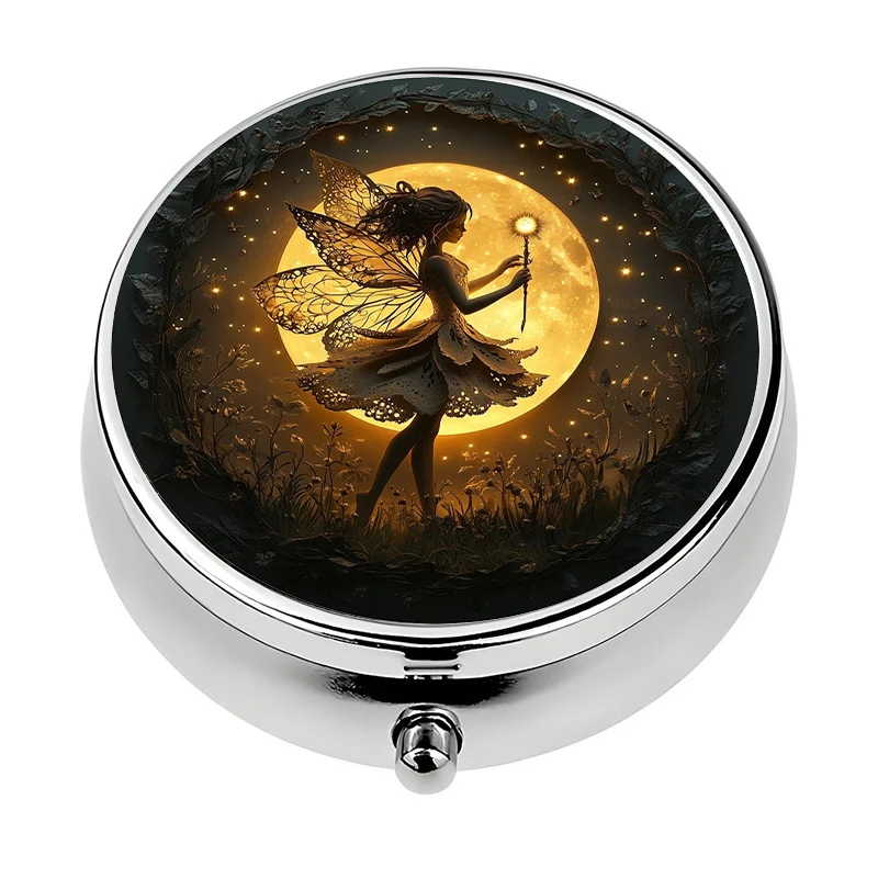 1 metal fairy moonlight pill box with 3 compartments and locking lid - Magic fairy and moon design (gold and yellow) - Portable pill organizer suitable for travel and daily use - Compact magical gift idea - Premium pill box