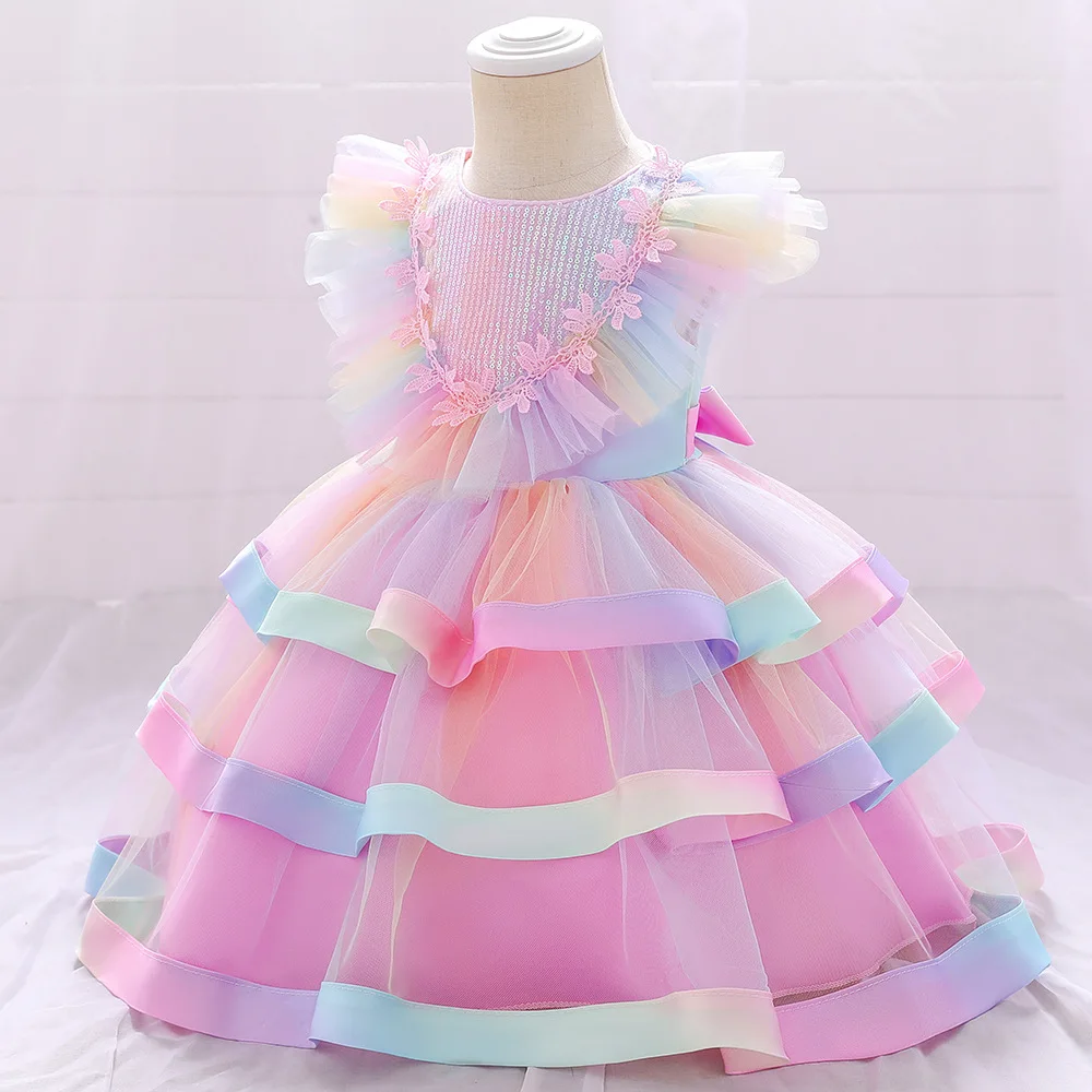 Girls Party Dresses 2 Colors 70cm-90cm Birthday Layered Dress Kids Baby Ball Gown Wedding Performance Costume Colorful