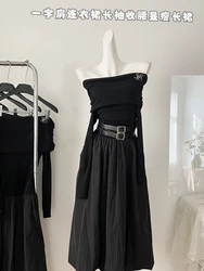 jesienno-zimowa koreańska moda Y2k Sukienka tunika z długim rękawem Kobiety 2000s Vintage Slash Neck Dark Academia Frock Midi One-Piece Gyaru