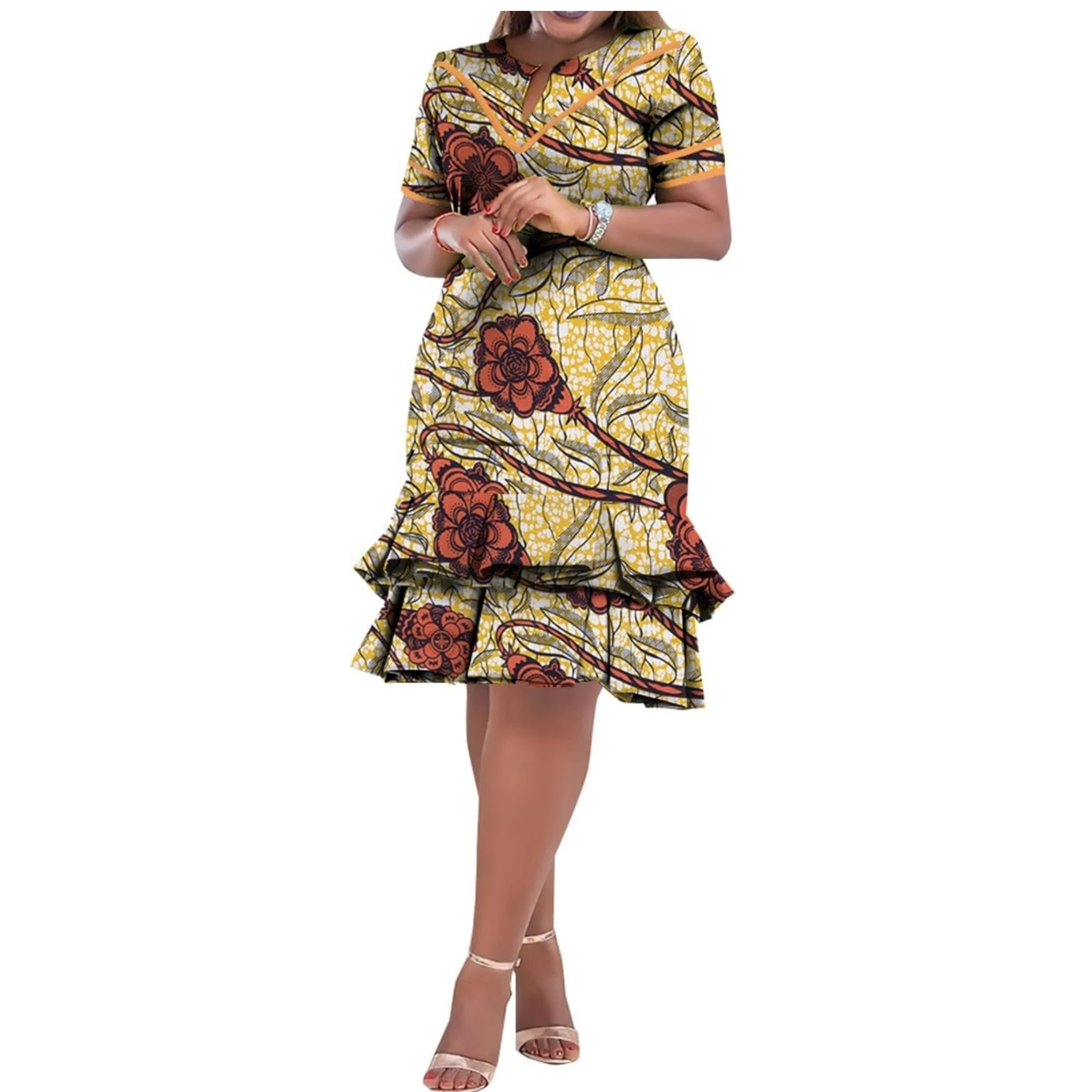 Afrikanische Kleider für Frauen Ankara Kleidung Kurzarm Kleid Wachs Drucken Knielangen Party Kleider Robe Africaine WY9880