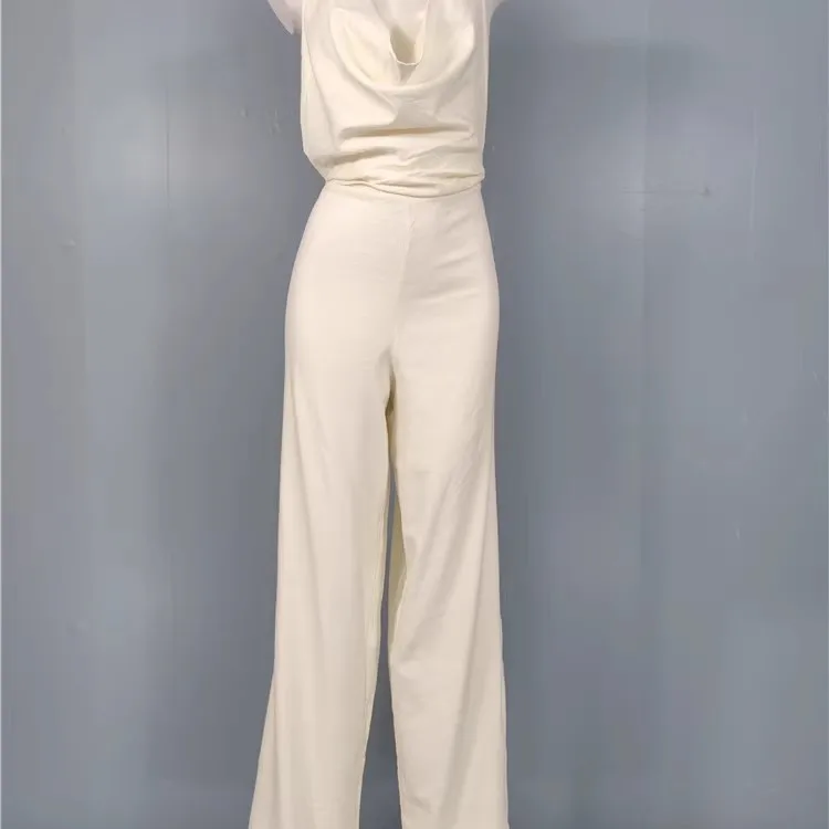 

Sexy White Linen One-Piece Pants Cross-Border Faionable Hanging Ne Slimming Long Pants High Waist Wide Leg Commute Sle