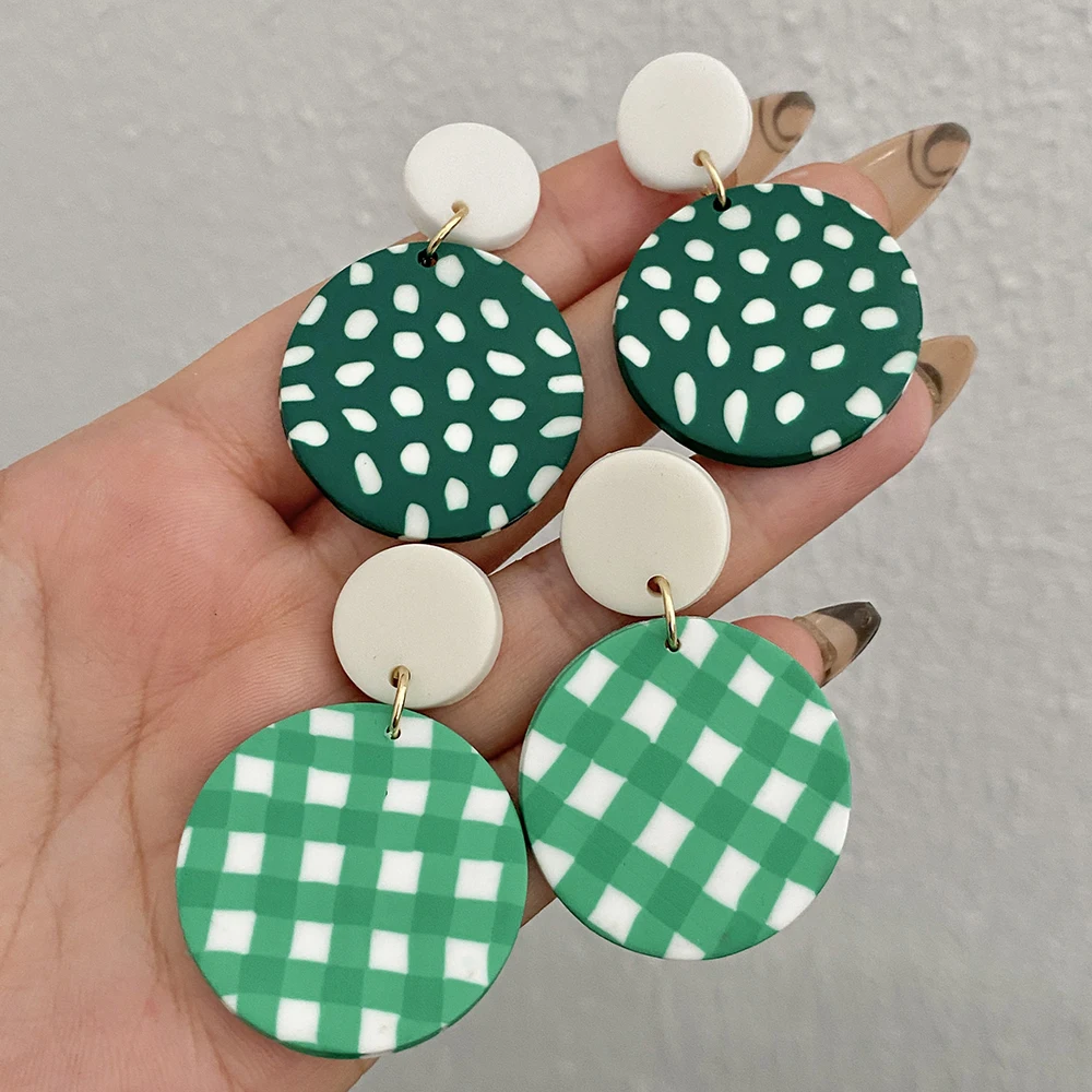 AENSOA Handmade Green Plaid Polka Dots Pattern Polymer Clay Drop Earrings for Women Geometric Round Earrings Party Jewelry