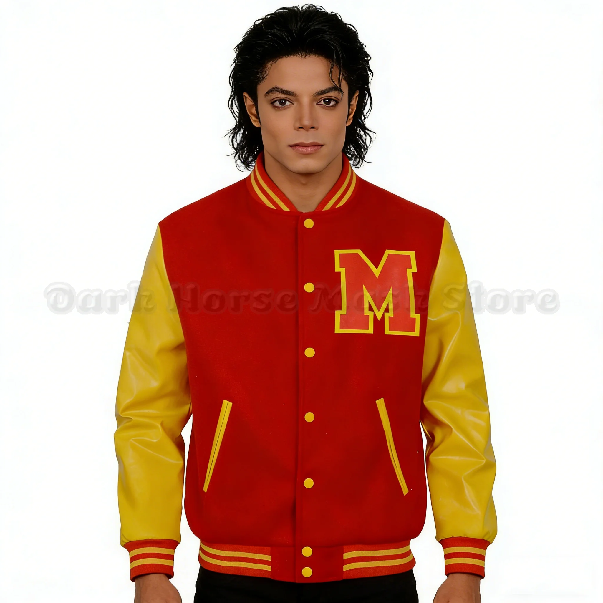 Herren-Cosplay-Jacke für Michael-Jackson-Imitator, Michael-Jackson-Cosplay-Collegejacke, rot-gelbe Colorblock-Baseballjacke