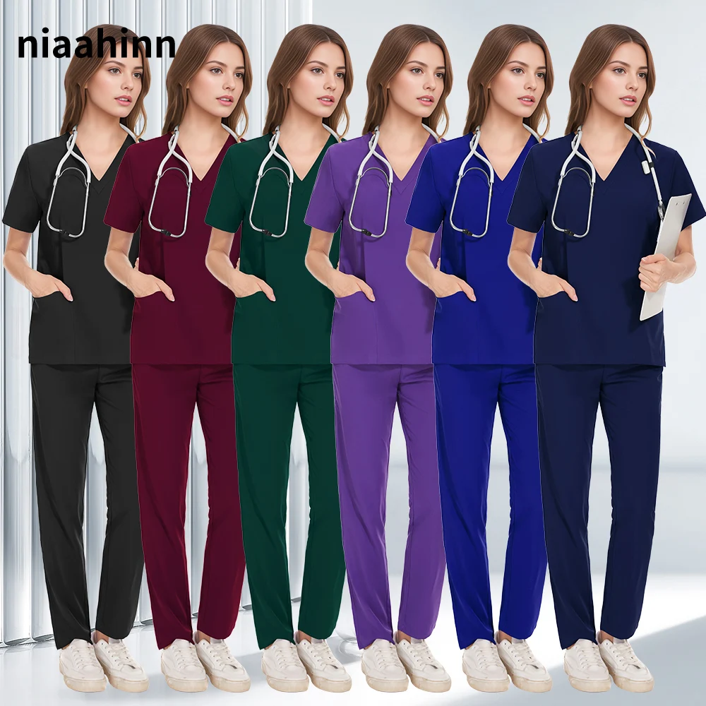 Slim Fitting Elasticity Scrubs Sets Operating Room Medical Uniforms Pet Vet Scrubs Uniform Nurse Women Solid Color Surgery Suits