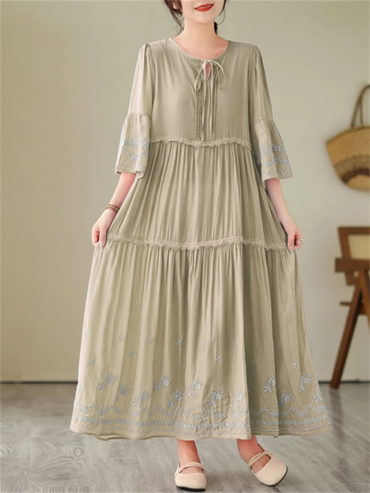 Cotton Embroidery Vintage Dresses For Women 2025 New Summer Casual Loose Long Dress Femme Robe Office Lady Work Elegant Clothing