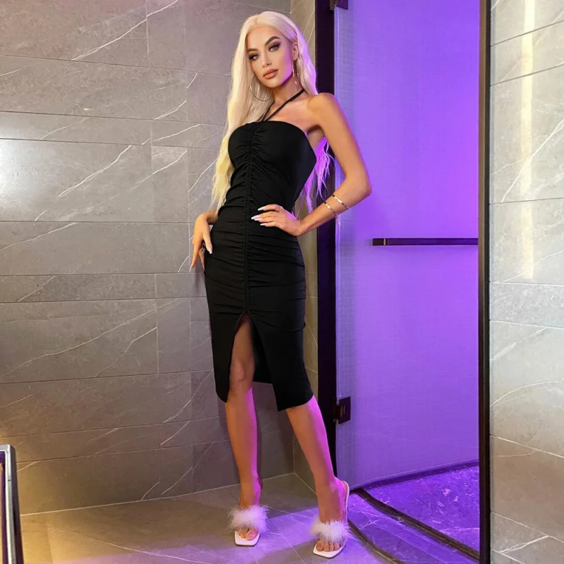 YQ1-Spring verão feminino fora do ombro tubo superior split sexy quente menina bodycon vestido halter necky2kdress