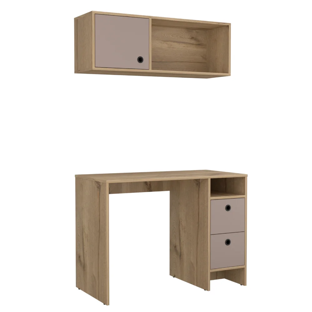 Khali 2-Pc Office Set, Two Shelves Two Drawers Wall Cabinet Single Door Cabinet -Light Oak / Taupe