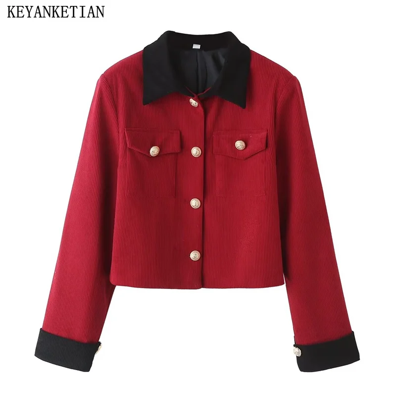 

KEYANKETIAN New Launch Contrast Color Turn Down Collar Single Breasted Flap Pockets Women's Corduroy Suit Crop Blazer Retro Top