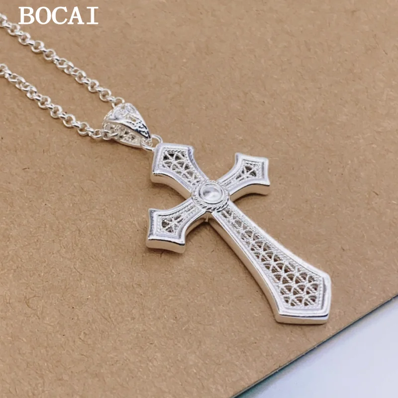 

BOCAI S999 Модный модный выдолбленный филигранный крест из чистого серебра