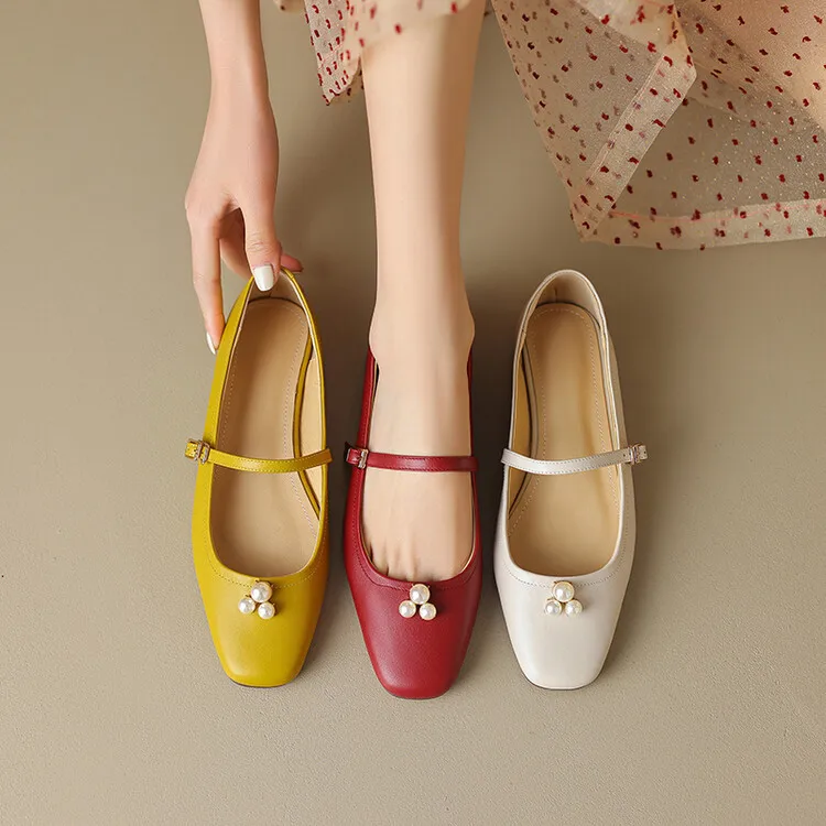 2023 Summer Full Leather Round Head Buckle Shallow Mouth Pearl Women's Single Toe Layer Cowhide Retro Flat Shoes Mary Jane Shoes