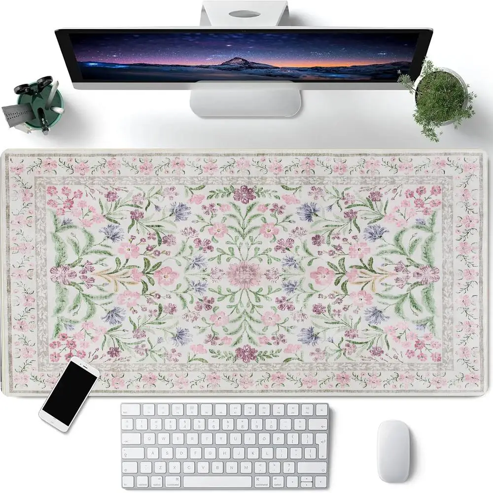 핑크 꽃 페르시아 스타일 디자인 마우스 패드 대형 고무 미끄럼 방지 데스크 액세서리 마우스 패드 사무실 및 게이머 키보드 장식 매트