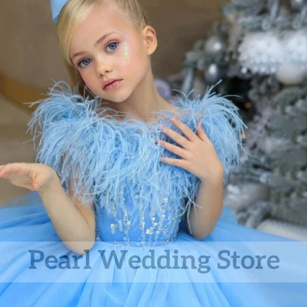 Vestidos de flor pomposa azul claro para niña, vestidos de plumas y cuentas de lentejuelas para fiesta de cumpleaños de bebé, vestido de Festival para desfile, Navidad y boda