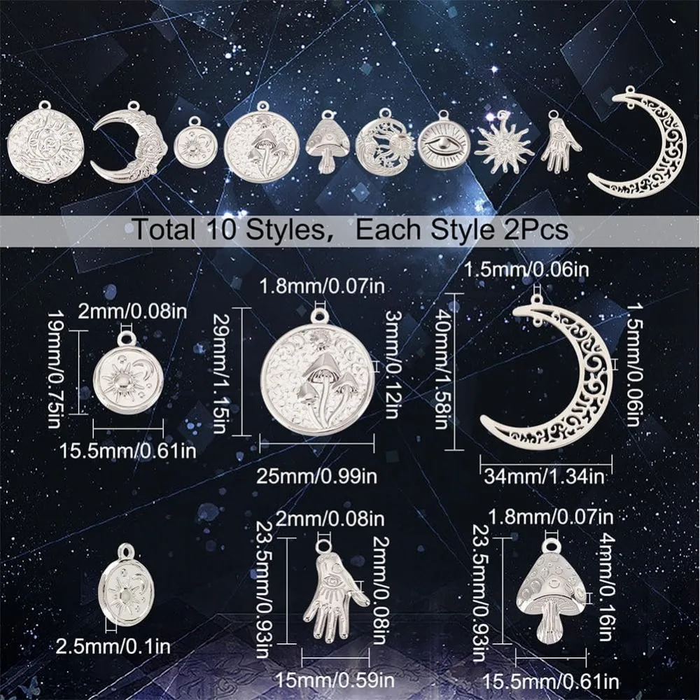 1 Box 20Pcs 10 Style Tarot Charms Stainless Steel Sun Charm Magic Charms Bulk Energy Lucky Amulet Mushroom Charm for Jewelry