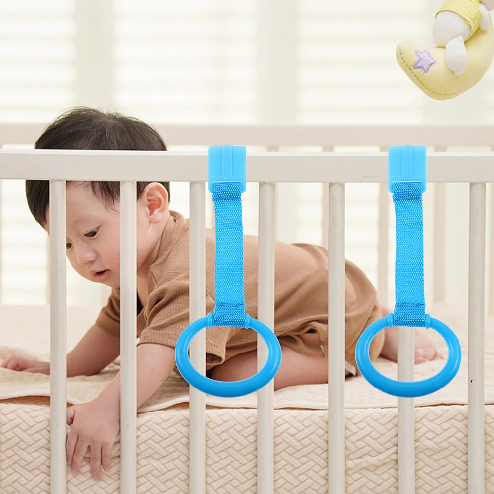 

Children's Pull Ring Baby Bed Playpen Stands up Rings Blue Plastic Crib Supplies