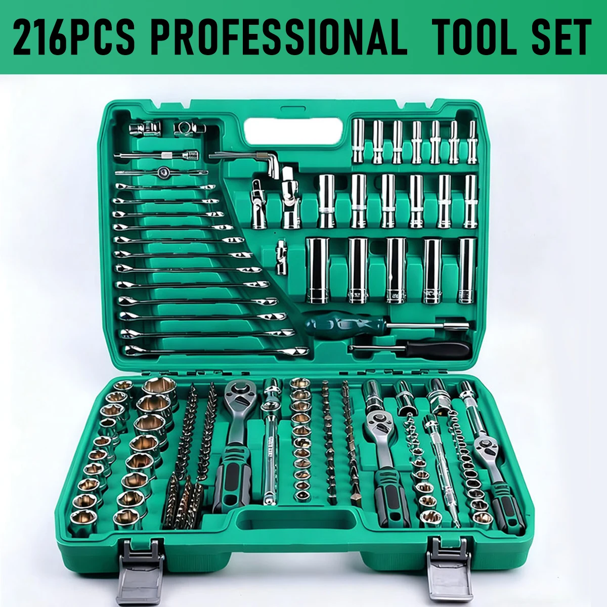 

216pcs green Multifunctional Car Repair Tool Set with Plastic Storage Box