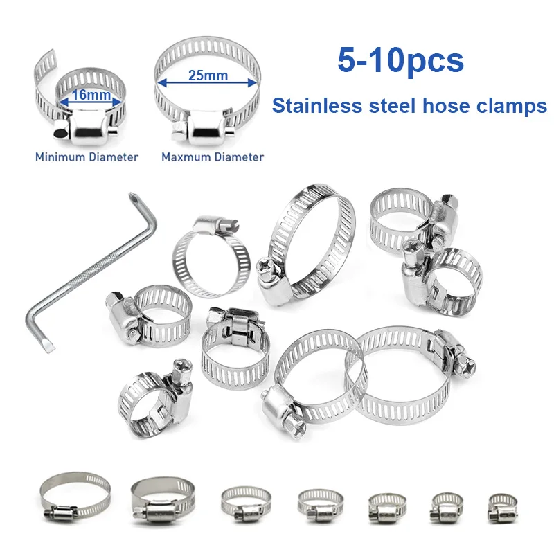 10-5pcs 8-152mm Stainless Steel Hose Clamp Adjustable Worm Gear Hose Clamp Metal Pipe Clamp for Pipe Mechanical Applications