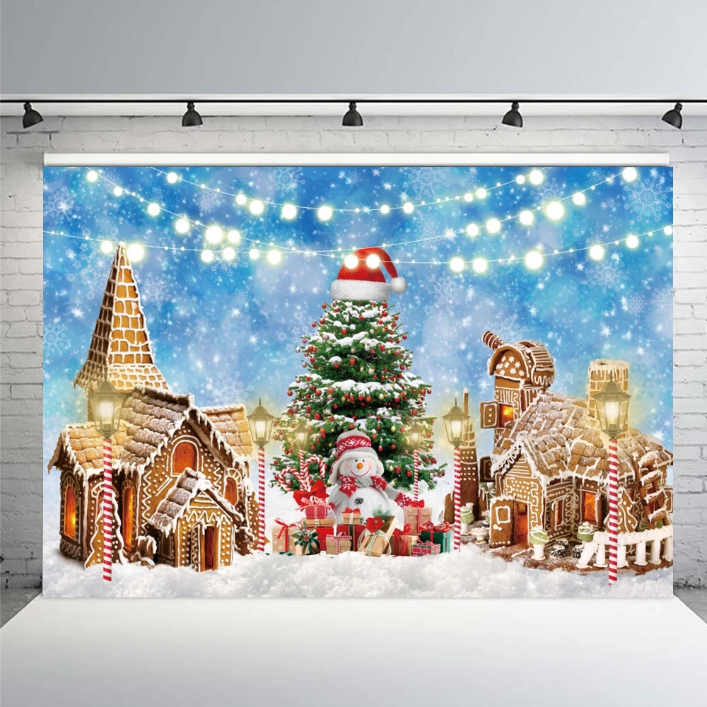 Christmas Gingerbread House Background Winter Happy Pine Tree Gift Newborn Baby Shower Family Birthday Party Decor Photo Props