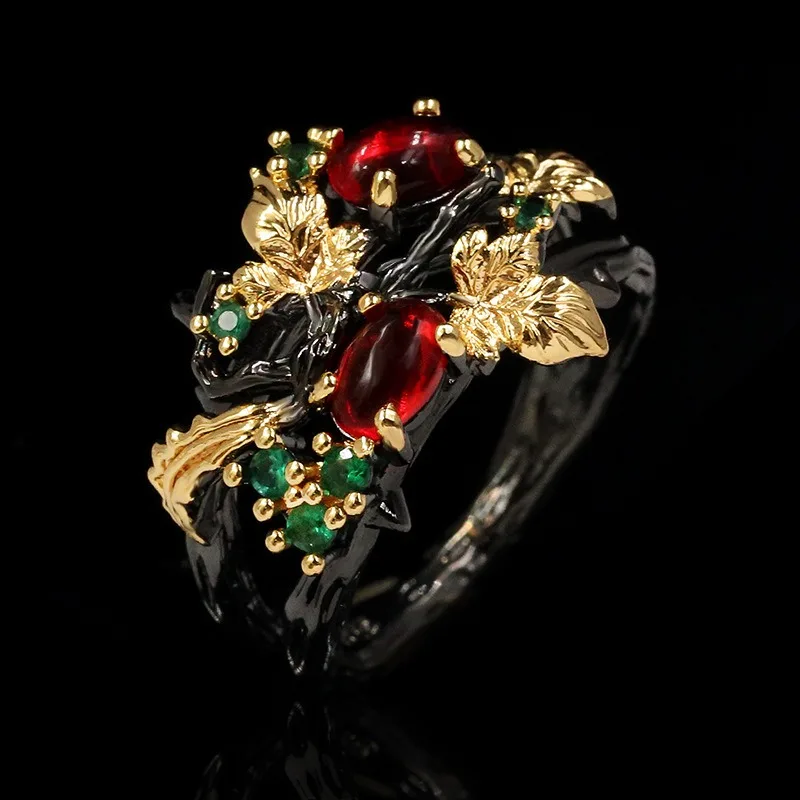 

New Exquisite Colorful Flowers Color Zircon Ladies Women's Ring Jewelry Black Gold Two-color Red Zircon Ring Ladies Ring 4Colors