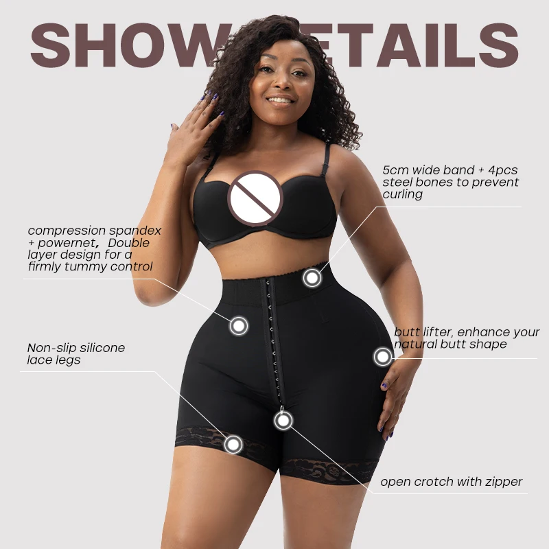 Butt Lifter Body Shaper High Compression Tummy Waits Control Shapewear Shorts Faja With Zipper Open Crotch