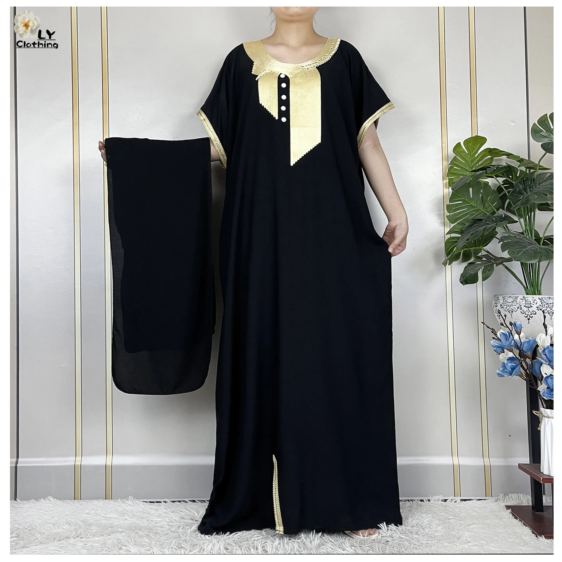 

African Abayas New For Women Pure Color Cotton Islam Kaftan Maxi Short Sleeves Dresses Femme Muslim Casual Robe With Headscarf