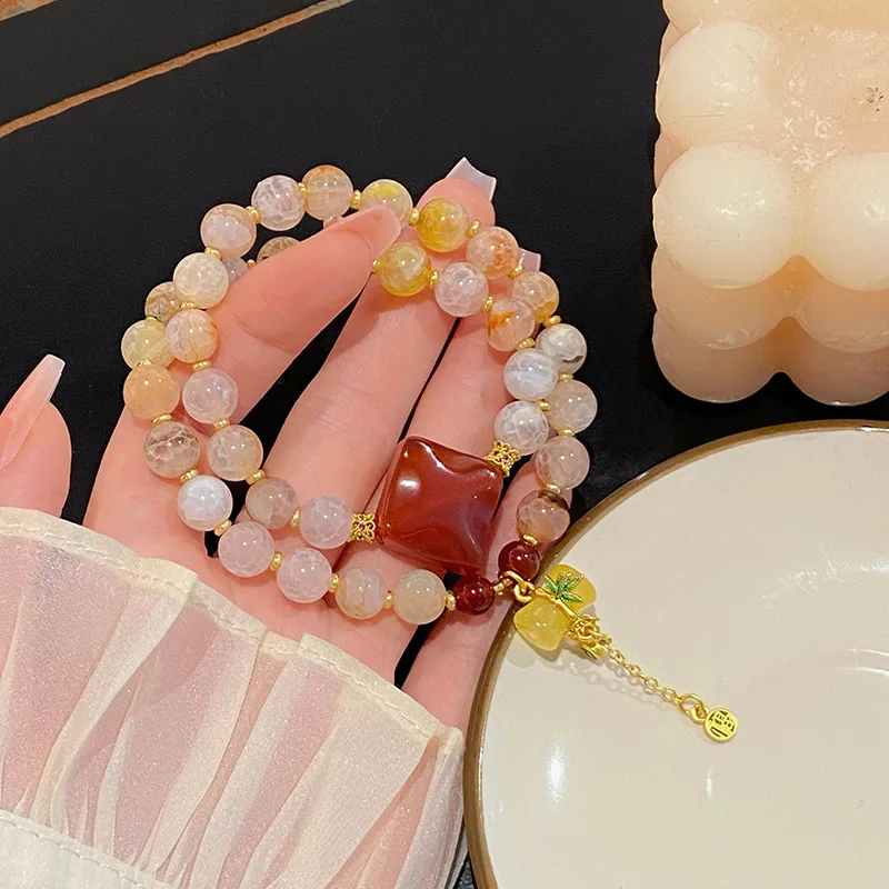 Artistic Retro Chinese Style Traditional Dragon Pattern Agate Double Ring Bracelet Women's Light Luxury Minority Design Bamboo L