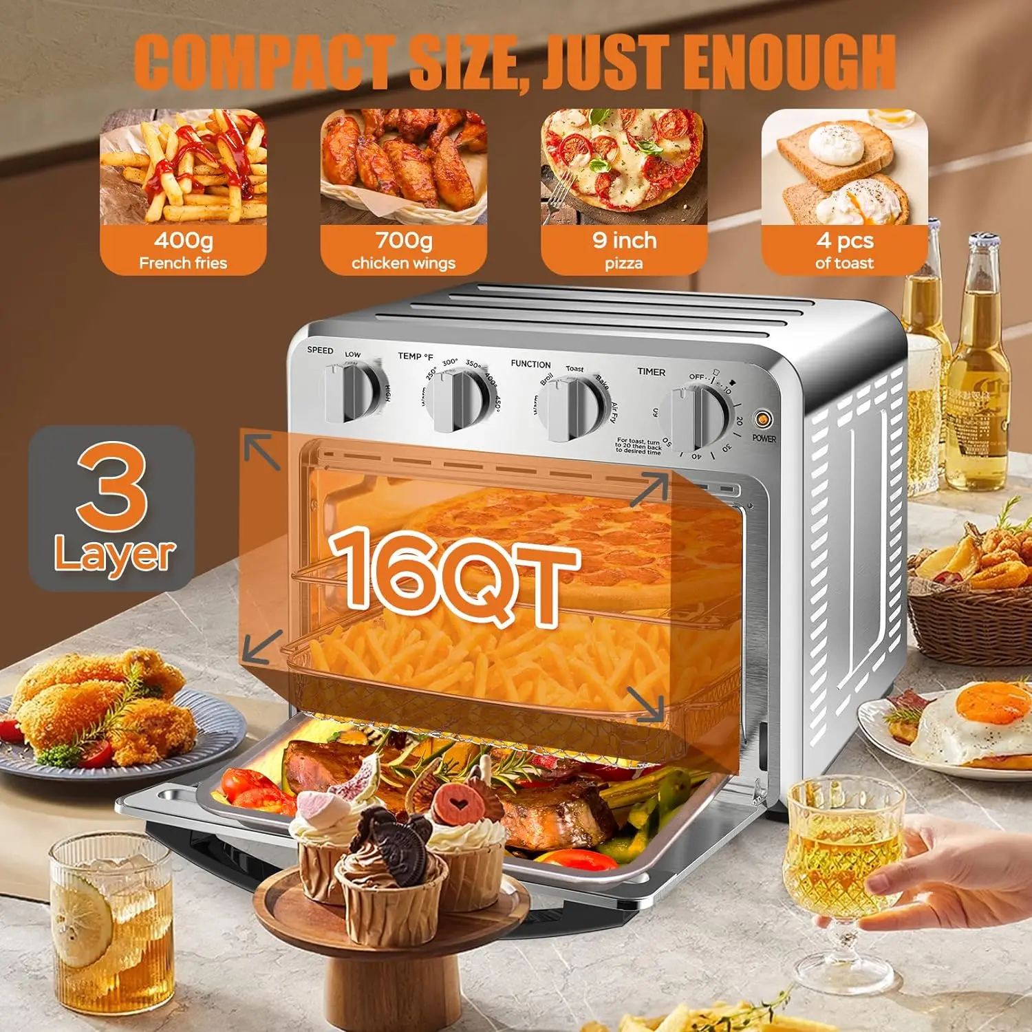 Geek Chef-Kok Air Friteuse Broodrooster Oven Combo, 16qt Convectie Ovens Aanrecht, 4 Plak Broodrooster, 9-Inch Pizza, Met Warm, Gril, Toast