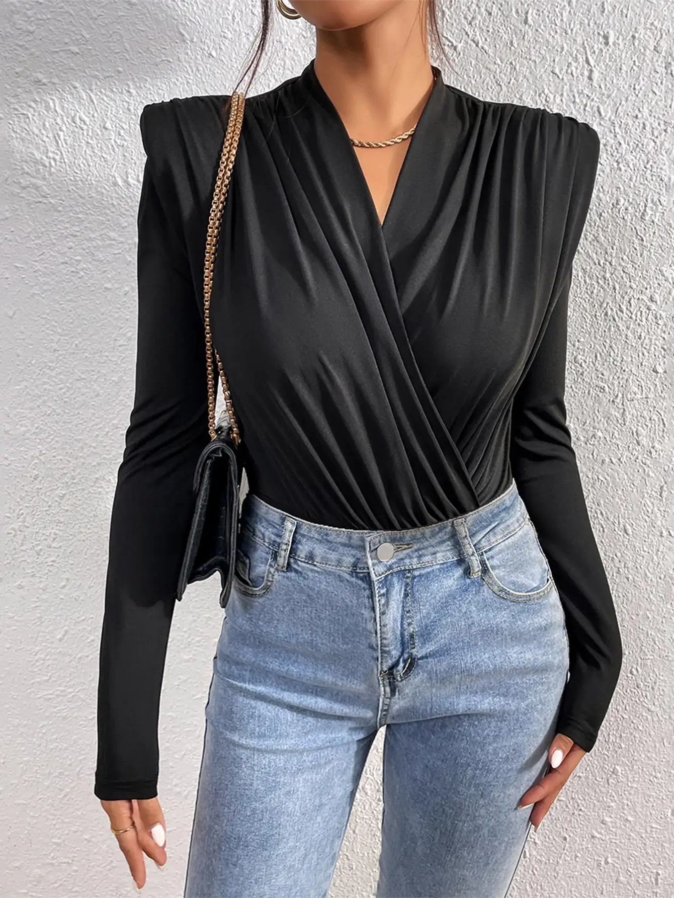 

Women's Black Long Sleeve Wrap Front Bodysuit with Ruched Detail