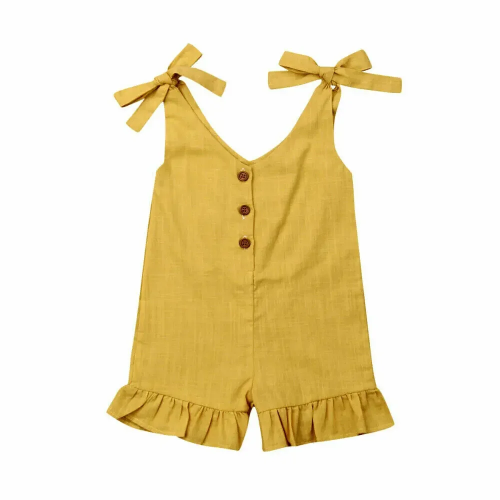 Baby Clothes 1-6Y New Baby Girl Cotton Linen Clothes Girls Ruffle Romper Kids Jumpsuit Summer Sleeveless Button Overalls Outfits