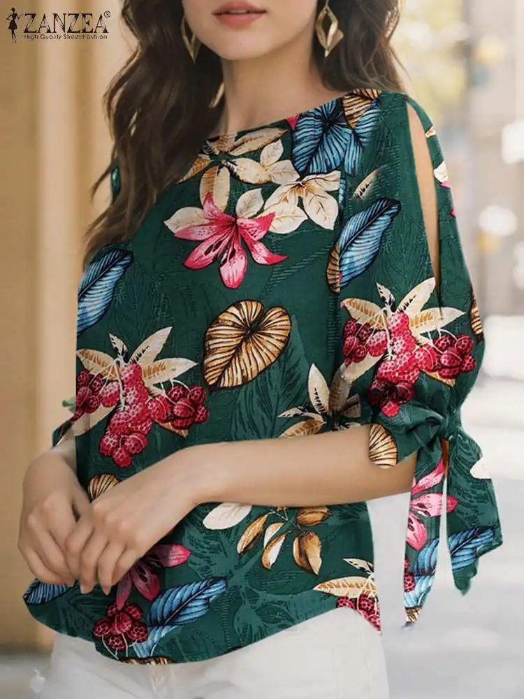 ZANZEA Summer Fashion Lace Up Holiday Tops Women Blouse Bohemain Floral Printed Shirt Female Half Sleeve O Neck Blusas Mujer