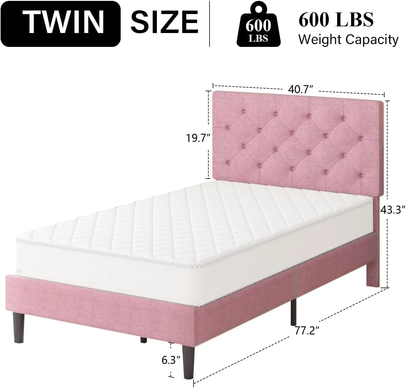 Twin Bed Frame, Upholstered Twin Bed Frame with Headboard, Pink Twin Bed Frame for Girls, Wood Slats, Linen Fabric, Butto