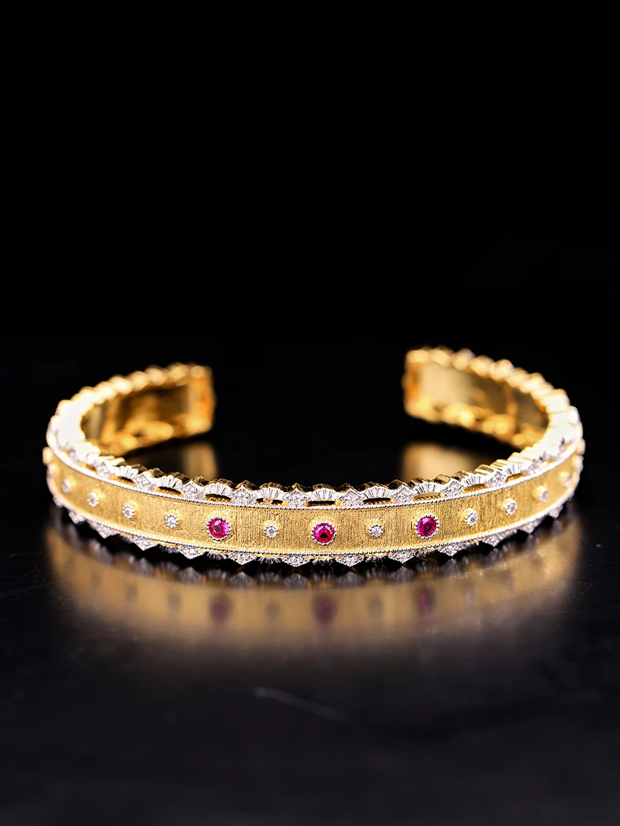 CMajor S925 Sterling Silver Gold Plated Two Tone 5A Red CZ Brushed Cuff Bangles for Women