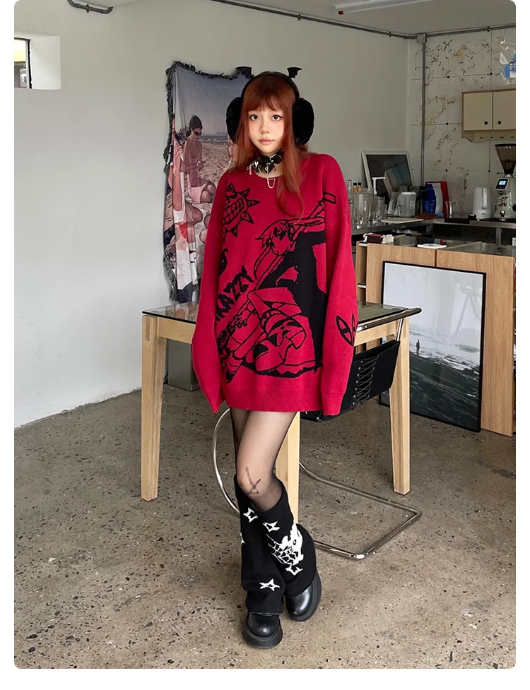 2024 Autumn Winter Y2k Women Jumper Sweater Harajuku Cartoon Knitted Red Sweater Men Loose Oversized Rock Hip Hop Rap Pullover