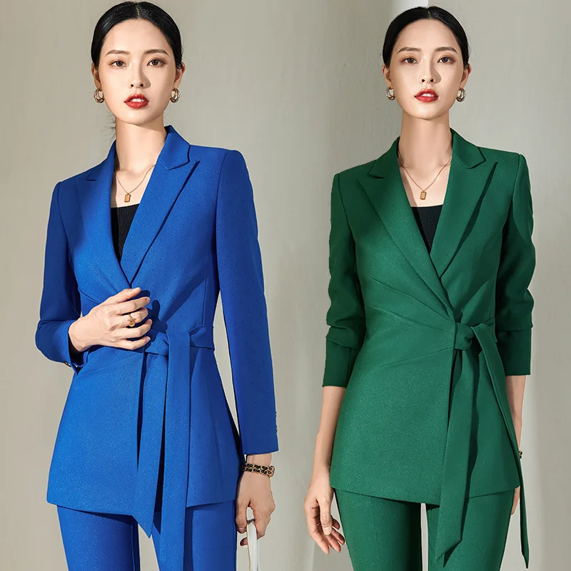 2022 New Long Sleeve Lace-up Fashion Temperament Office Wear Blue Work Uniforms Beautician Green Women's Pants Suit