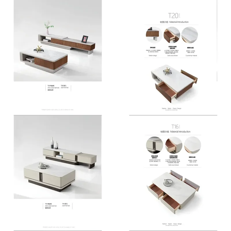Modern Wooden Style Tv Stand and Glass Fiber Stone Coffee Table Set for Living Room