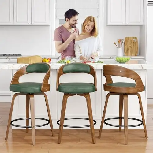 Swivel Bar Stools Set of 1, 26" Counter Height Bentwood Barstool | Mid-Century Modern PU Leather Upholstered Bar Chair view 5
