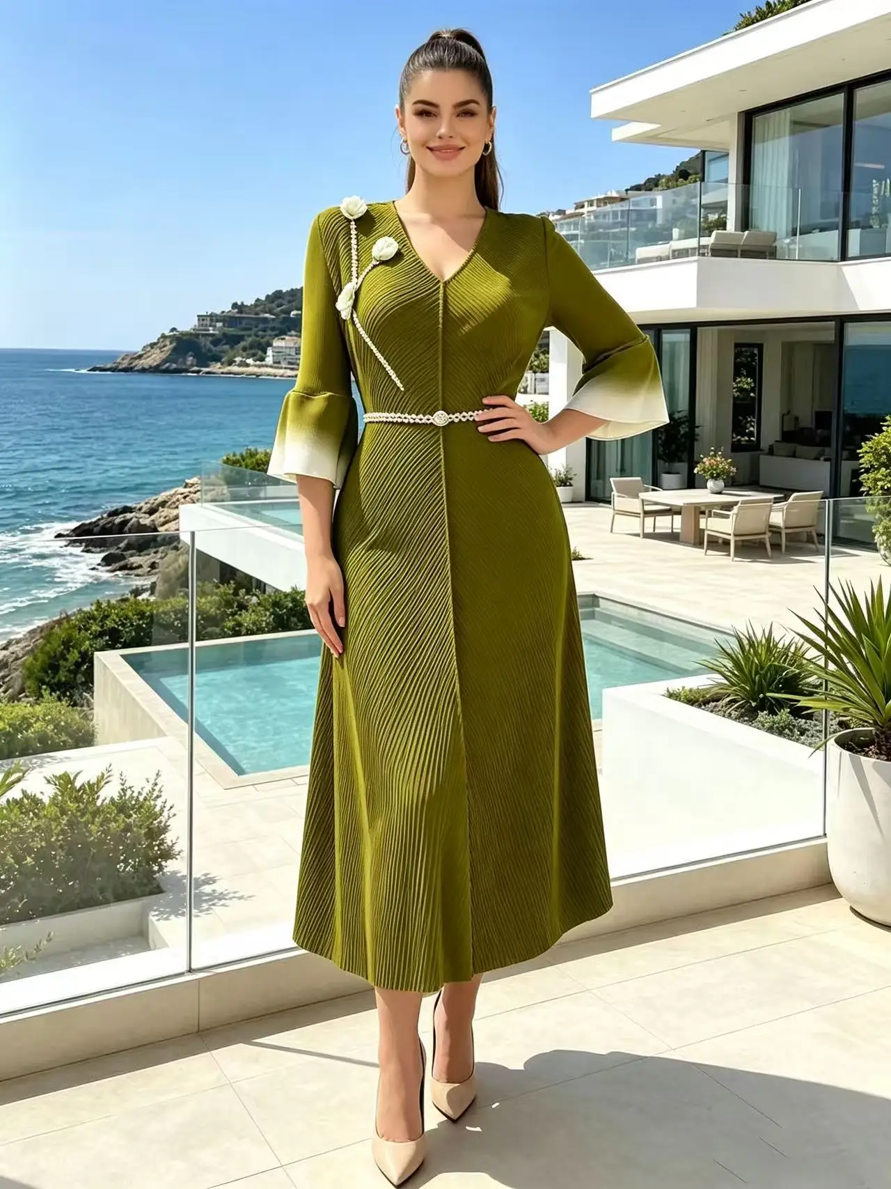 Miyake Disc Flower Horn Sleeve Lotus Leaf Edge Gradual Change Color Pleated Dress Dragon Scale Pleated Elegant Long Dress New