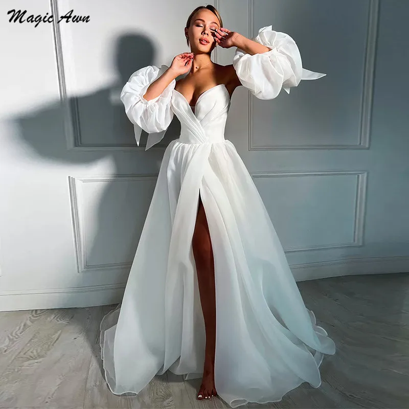 

Magic Awn Thigh Slit Wedding Dresses White Organza Detachable Puffy Sleeves With Bow Sweetheart Lace-Up Back Boho Bridal Gowms