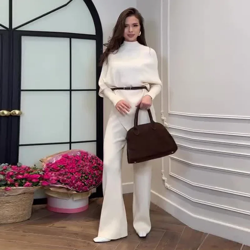 2025 New Women Round Neck Belted Slit Wide Leg Pants Two Piece Set White Simple Fashion Casual Outfit