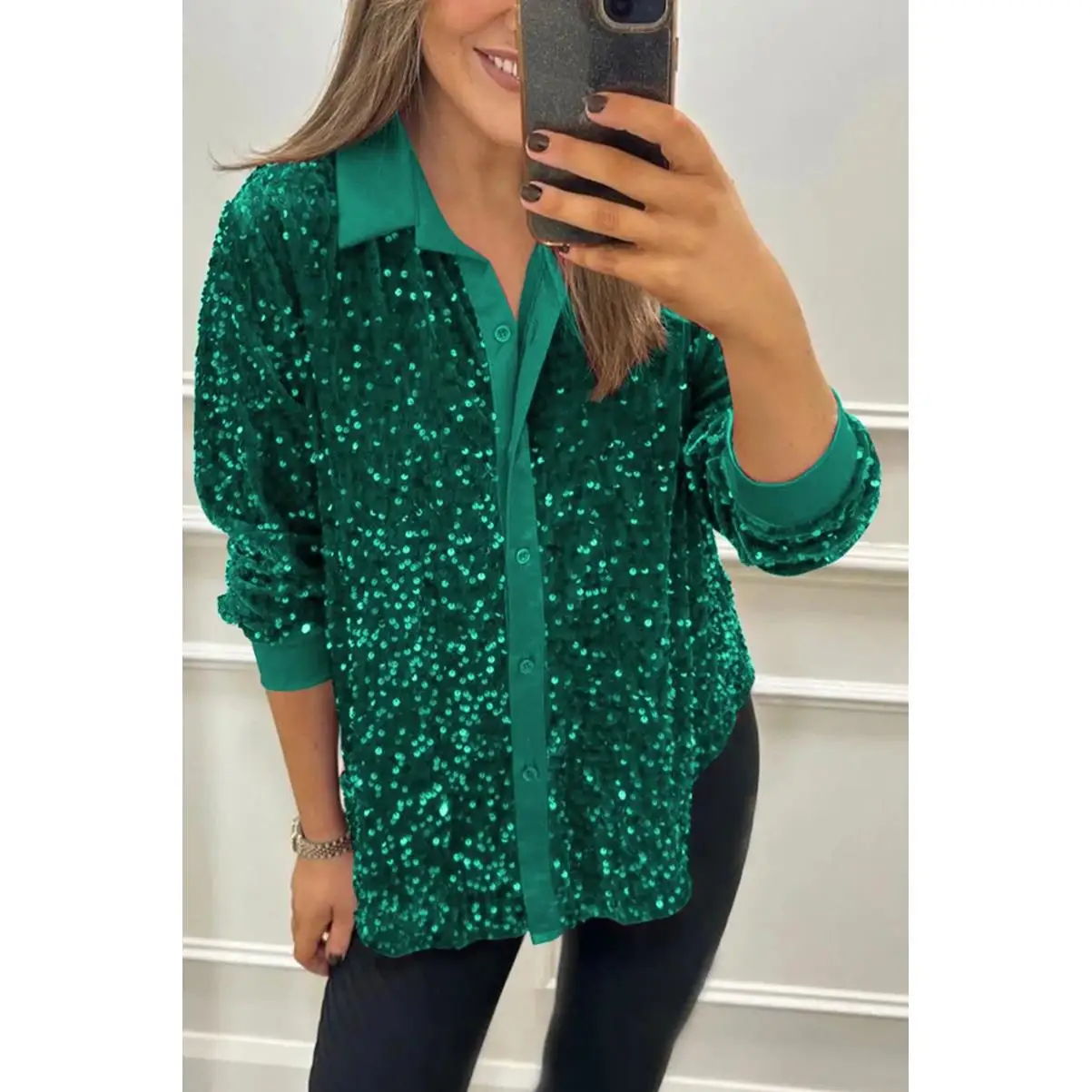 Gola feminina longa sve lantejoulas irt top brilhante poliéster casual sle ajuste regular Longevi cor pura