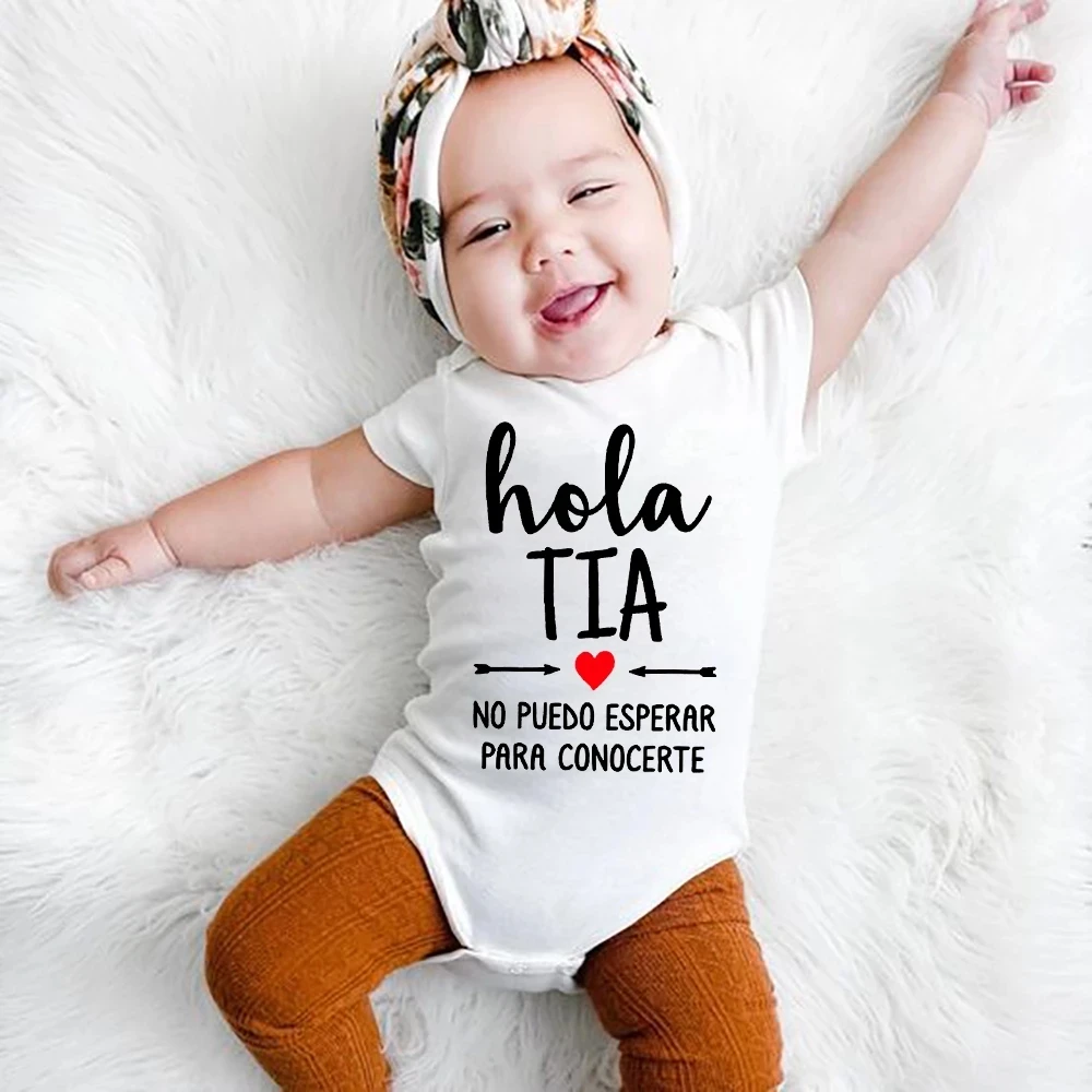 Hola Tia Spanish Baby Bodysuits Newborn Announcement To Aunt Boys Grils Casual Clothes Romper No Puedo Esperar Para Conocerte