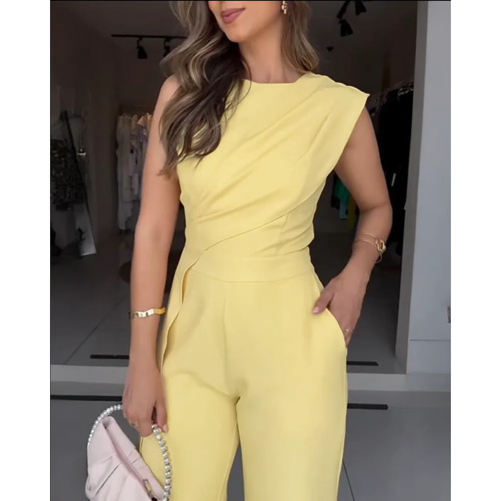 Women Solid Round Neck Sleeveless Ruched Irregular Jumpsuit With Pockets Summer Straight Leg Yellow Rompers Streetwear Outfits