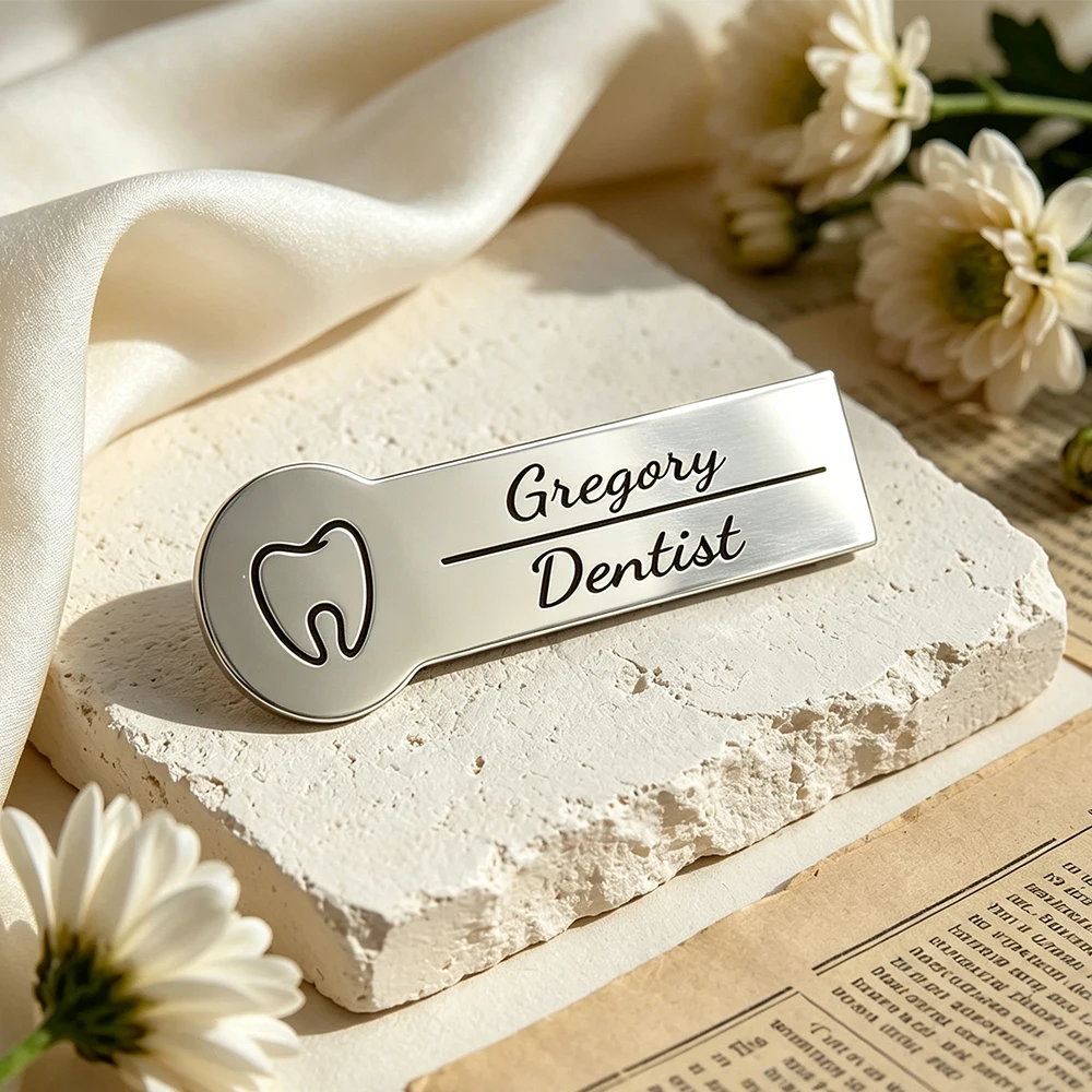 Custom Stainless Steel Rectangular Brooch Carved Pattern Circular Name/Date Gift For Nurse/Dentist/Teacher/Beautician/Manicurist