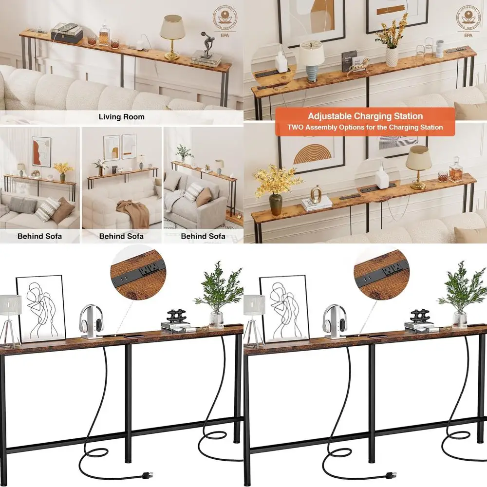 

Narrow Long Sofa Table with 2 Outlets & 4 USB Ports, Metal Frame, Living Room/Hallway, Easy Assembly, 4.9' Cord