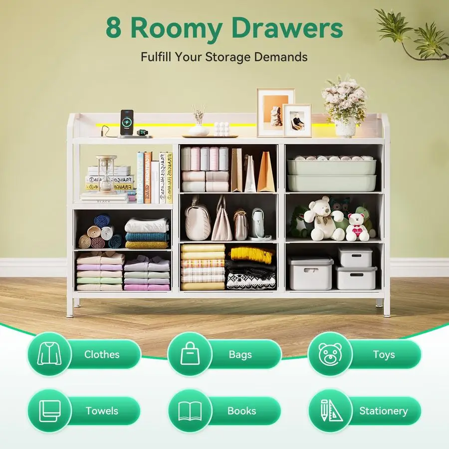 ตู้เสื้อผ้าสีขาวสำหรับห้องนอนพร้อมไฟแถบและปลั๊กไฟ ตู้ลิ้นชัก 8 ชั้นพร้อมชั้นวางของ ท็อปไม้ โครงเหล็ก