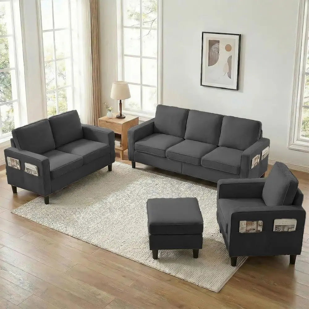 

78" W Sectional Couches or Living Room, Linen abric Soa with Storage Ottoman, 3 Seater Soa with Ottoman, Loveseat and Accent Cha